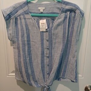 NWT J. JILL SMALL PETITE BLUE CHAMBRAY STRIPED COTTON TIE-FRONT TOP!